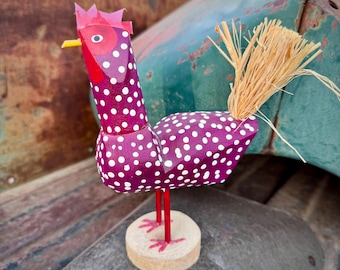 Signed Navajo Maroon Painted Wood Chicken, Approx 7.5" Tall, Native American Folk Art Carving