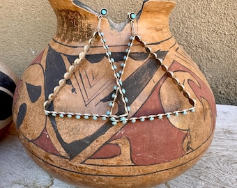 Sterling Silver Turquoise Triangle "Hoop" Earrings Approx 3.25" Long, Zuni Style