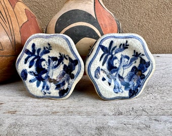 Pair of Vintage Chinese Blue White Ceramic Pedestal Candleholders or Salt Cellars w/ Cherub