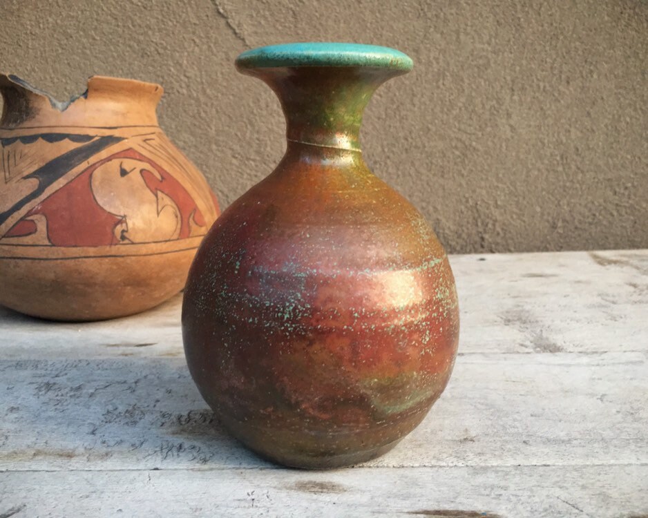 Download Vintage Japanese Raku Pottery Vase with Celadon Green Interior, Hand Thrown Signed