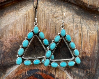 Vintage Triangle Sterling Silver Turquoise Cluster Earrings, Southwestern Artisan Jewelry