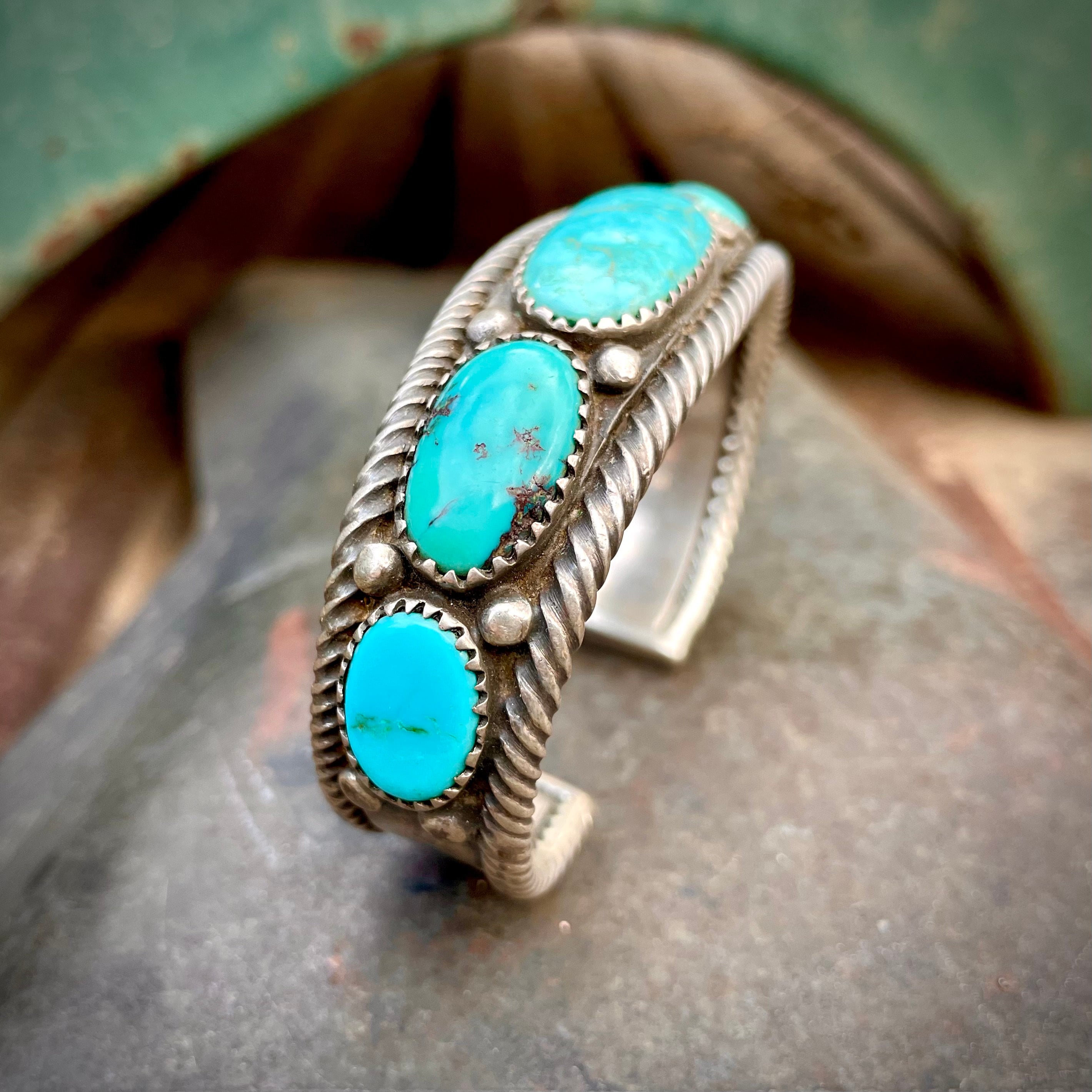 Authentic Vintage Native American Navajo Square Turquoise Sterling Silver Bracelet Old Authentic Vintage Native American Navajo Square Turquoise Sterling Silver Bracelet Old