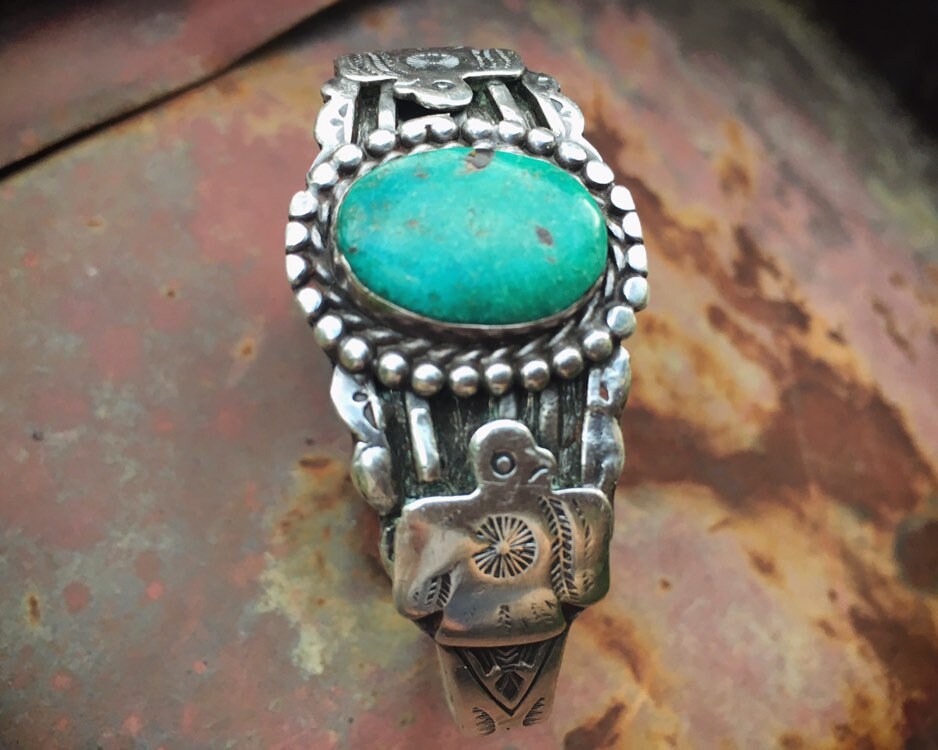 Fred Harvey Era Sterling Silver Thunderbird Turquoise Cuff Bracelet