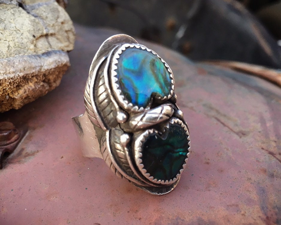Vintage Abalone Sterling Silver Ring for Women Double Hearts, Native ...