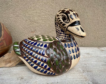Tonala Pottery Duck Figurine Mexico Folk Art Signed, Rustic Lake House Decor Southwestern Cabin