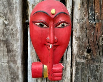 1990s Red Painted Carved Light Wood Mask Wall Hanging Finger to Lips "Be Quiet" Pose