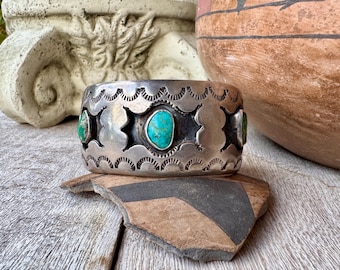 1980s Turquoise Silver Shadowbox Cuff Bracelet Approx Size 6.25, Likely Navajo