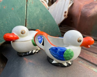 Vintage Duck Sugar Bowl and Creamer Hand Painted Made in Japan, Cute Lake Cottage Kitchen Decor