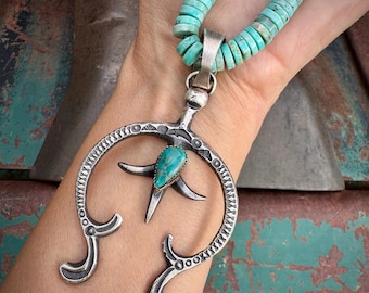 Navajo Eva & Lindberg Billah Sterling Silver Turquoise Naja on Heishi Necklace 22"