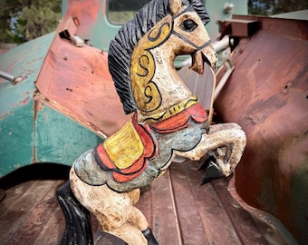 Wooden Horse Mexican Folk Art Sculpture Rearing Back Stance17.5" (Repaired)