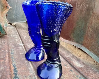 Pair Cobalt Blue Art Glass Hand Bud Vases, Petite Size, French Cottage Decor Victorian Style