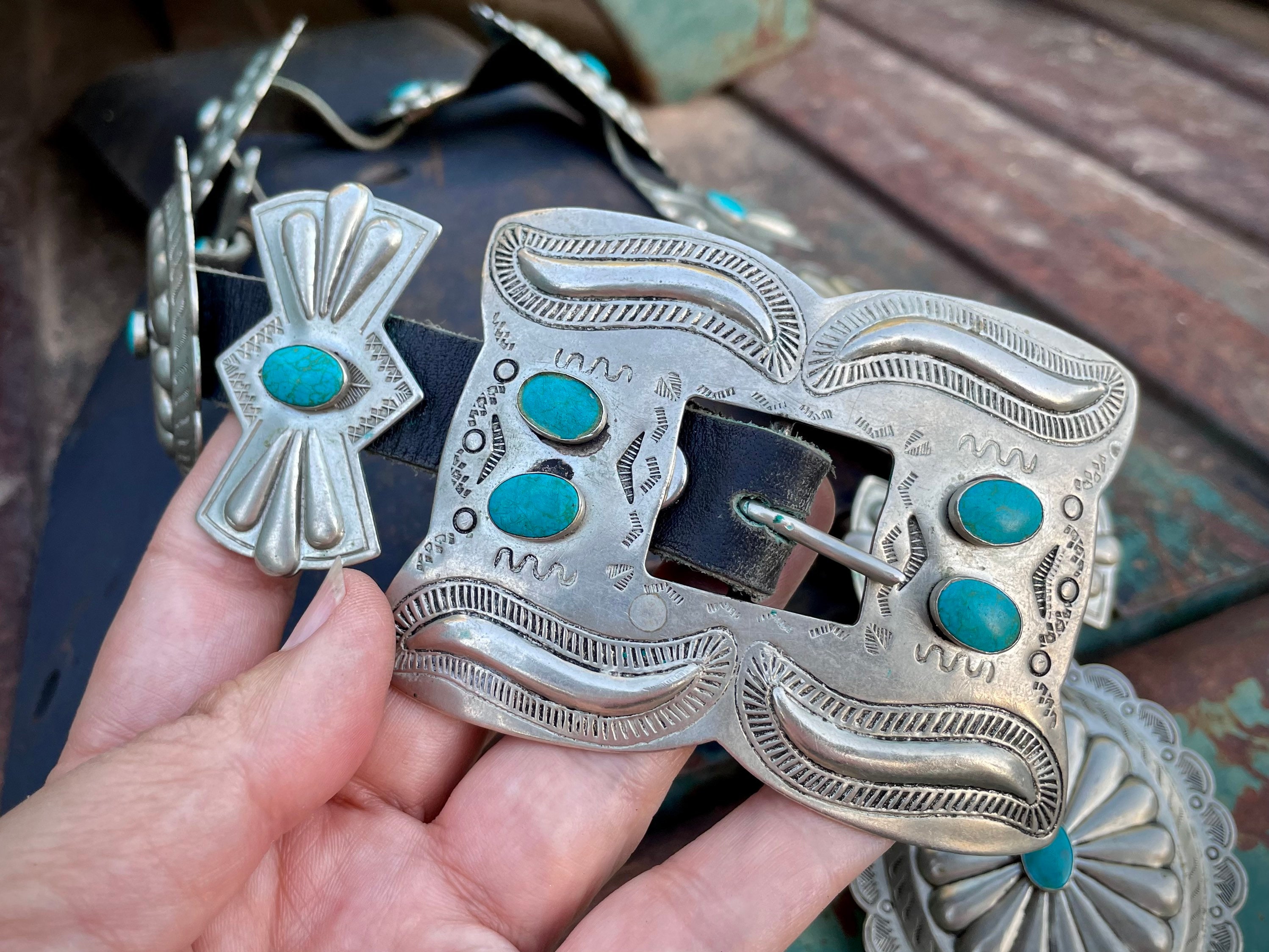 273gm Small Size Navajo Concho Belt German Silver Turquoise