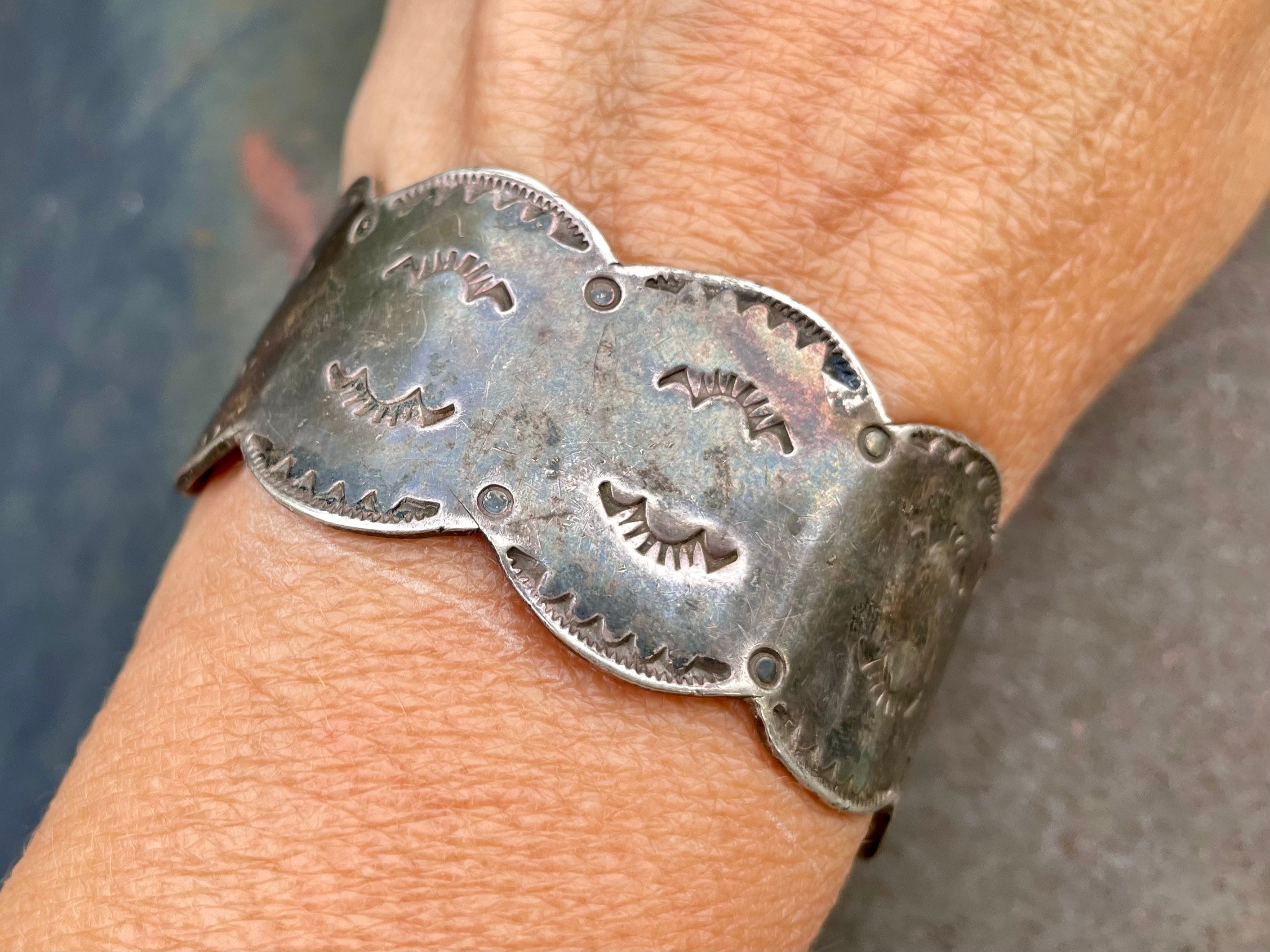 Fred Harvey Era Scalloped Stamped Silver Cuff Under 6, Vintage