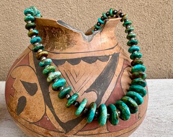 Vintage Turquoise Disc Tab Necklace Approx 25", Silver Bench Bead Spacers, Navajo Heishi