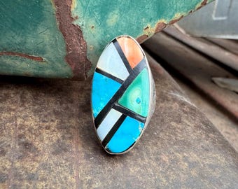 Vintage Zuni Inlay Ring Signet Style Approx Size 9, Zuni Old Pawn 19g