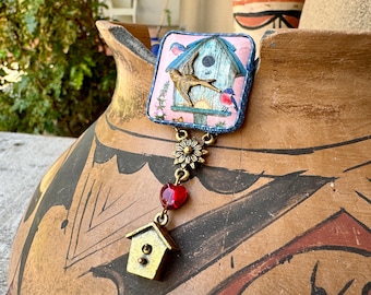 Vintage Artisan Bird Pin Dangling Birdhouse, Assemblage Jewelry, Nature Lover Gift