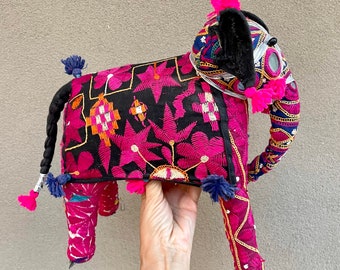 Vintage 12" Rajasthani India Embroidered Fabric Elephant Toy, Shisha Mirror Pink and Black Cloth