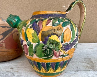 Vintage Italian Majolica Art Pottery Pitcher w/ Sgraffito Mancinelli Style, Antique Decorative Handled Vase, Rustic Farmhouse Cottage Decor