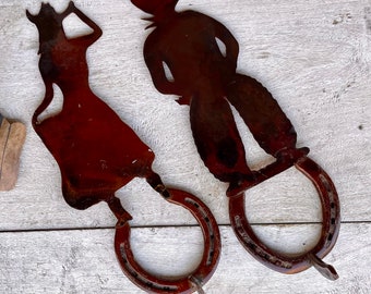 Pair of Wall Mount Metal Cowgirl and Cowboy Single Hooks Made with Real Horseshoes, Cabin Decor