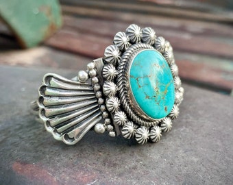 Navajo Leon Martinez Spiderweb Turquoise Cuff Bracelet Approx Size 6, Revival Sterling Silverwork