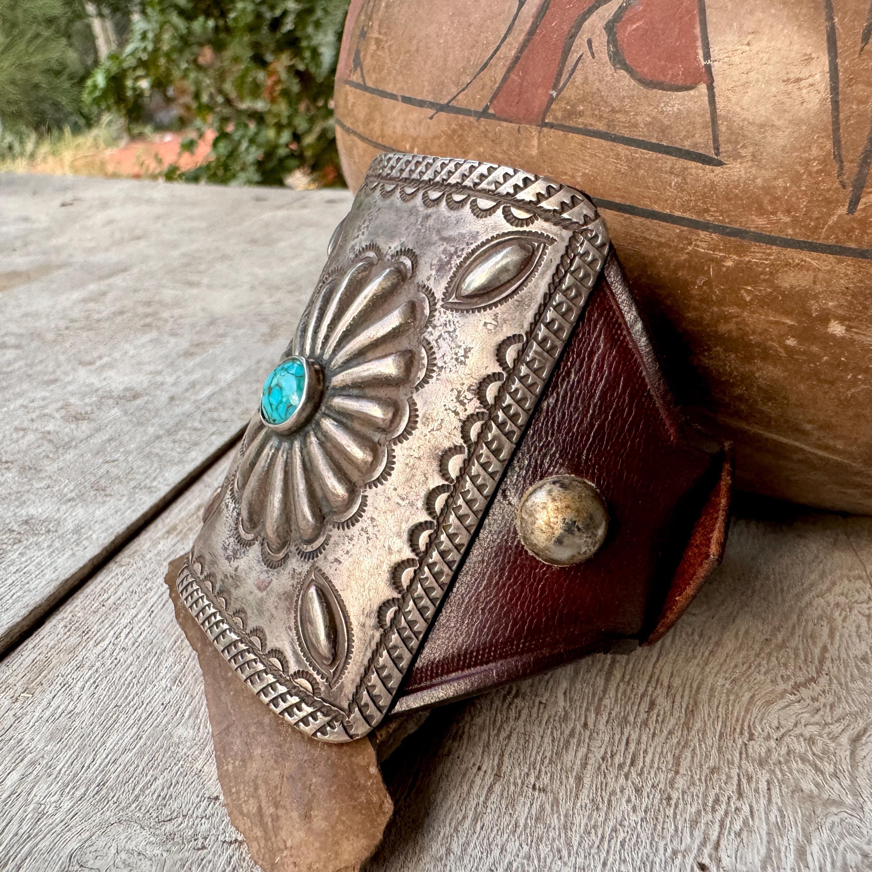 Spectacular Vintage Native American Navajo Turquoise Sterling Silver Leather Bowguard Spectacular Vintage Native American Navajo Turquoise Sterling Silver Leather Bowguard