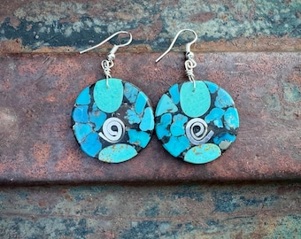 Santo Domingo Daniel Coriz Turquoise Inlay Round Earrings, Silver Spiral