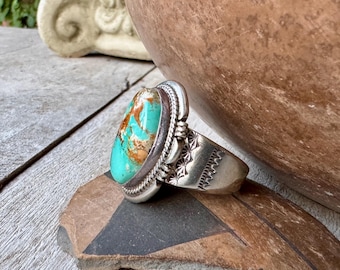 Navajo John Nelson Single Stone Turquoise Ring Approx 13.5, Men's Southwestern Jewelry