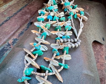Two-Strand Turquoise Nugget and Carved Shell Bird Necklace Approx 33", Kewa Style