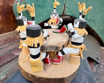 Koshare Clown Storyteller Scene on Wood Base (Cracked), Vintage Native American Indian Art