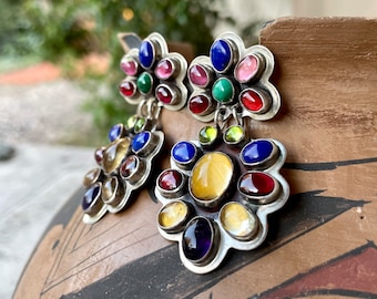 Vintage Multi-Color Cluster Hoop Earring Posts by Nakai Trading, Southwestern Native American
