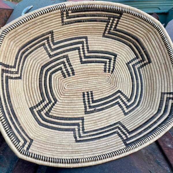 Beige Coiled Basket Tray with Brown Designs, Southwestern Bohemian Home Decor, Natural Leafy Tiki Organic Interior, Shallow Straw Weaving