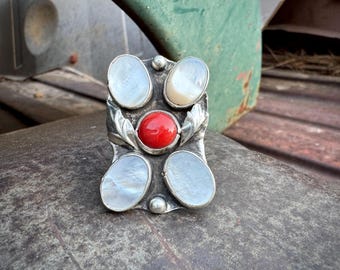Large Vintage Cluster Ring Size 11 Coral Mother of Pearl Sterling Silver, Rectangle Shape
