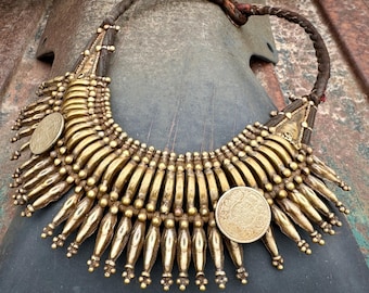 Vintage Tribal Bib Collar Necklace 19.5" Fabric Wrapped Closure, Brass Spear Coin Necklace