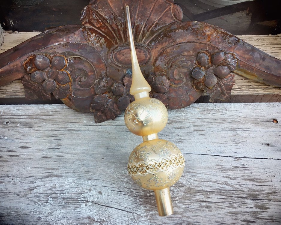 Vintage Glass 13 Finial Tree Topper Gold with Glitter Flocking with