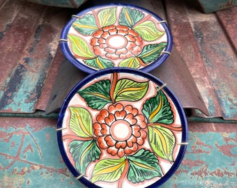 Two Small Vintage Mexican Pottery Plates in Wire Wall Hangers, Blue Floral Scenes, Rustic Decor