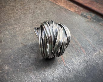 Sculptural 925 Sterling Silver Ring Approx Size 9.5 to 10.5, Wide Band, Modernist Jewelry