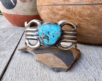 Navajo Chimney Butte Sandcast Sterling Silver Turquoise Cuff Bracelet Size 6.5