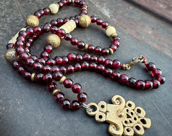 Vintage Garnet Bead Necklace with Gold Tone Pendant & Beads, Tribal Bohemian Jewelry