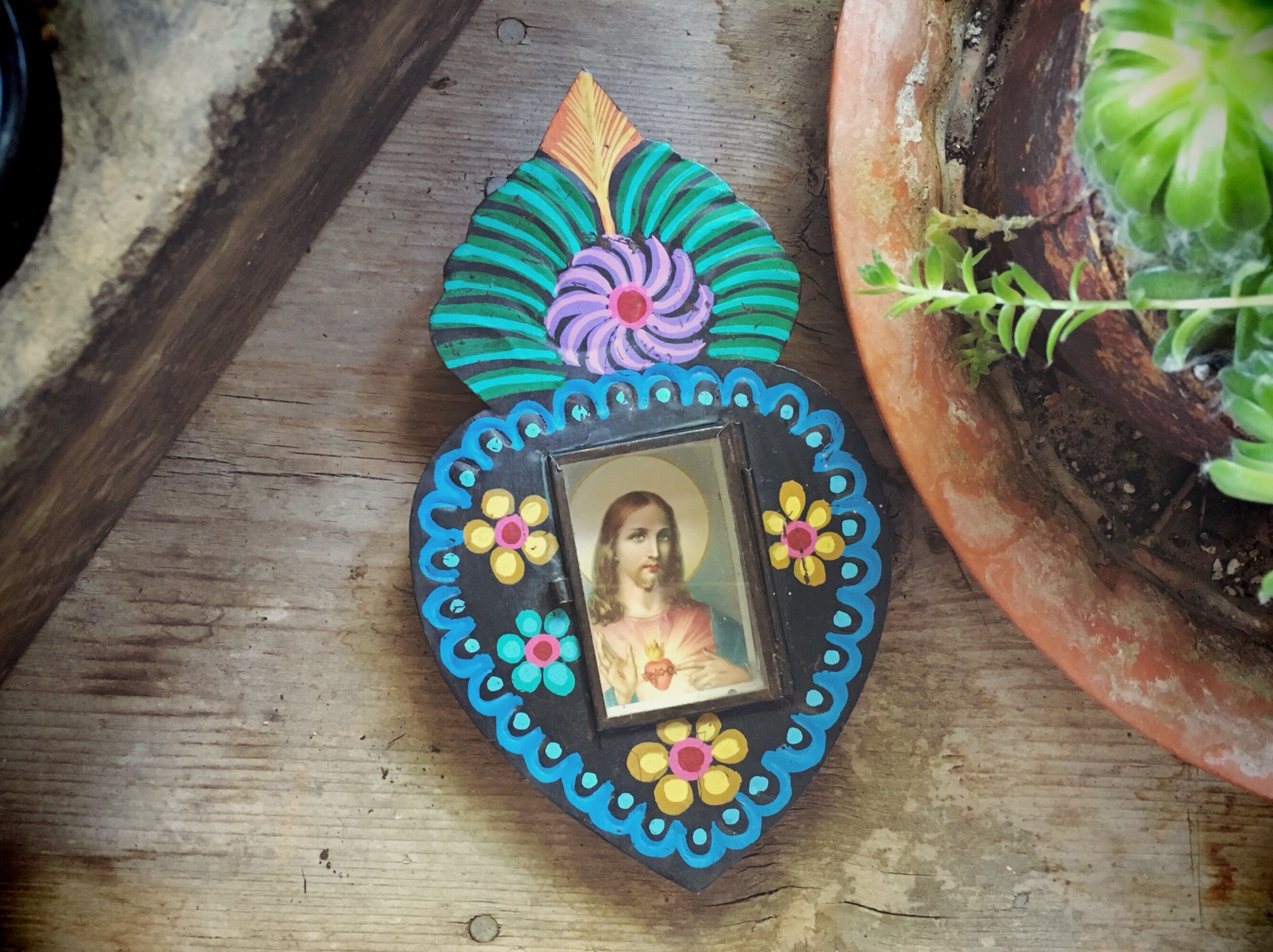 Painted Mexican Tin Shrine Wall Hanging with Jesus Sacred Heart, Altar Art, Catholic Gifts
