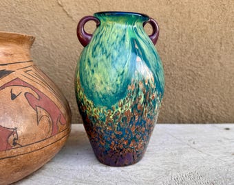 Vintage Teal Blue Favrile Art Glass Hand Blown Dale Tiffany Amphora Vase, Gift for Mom