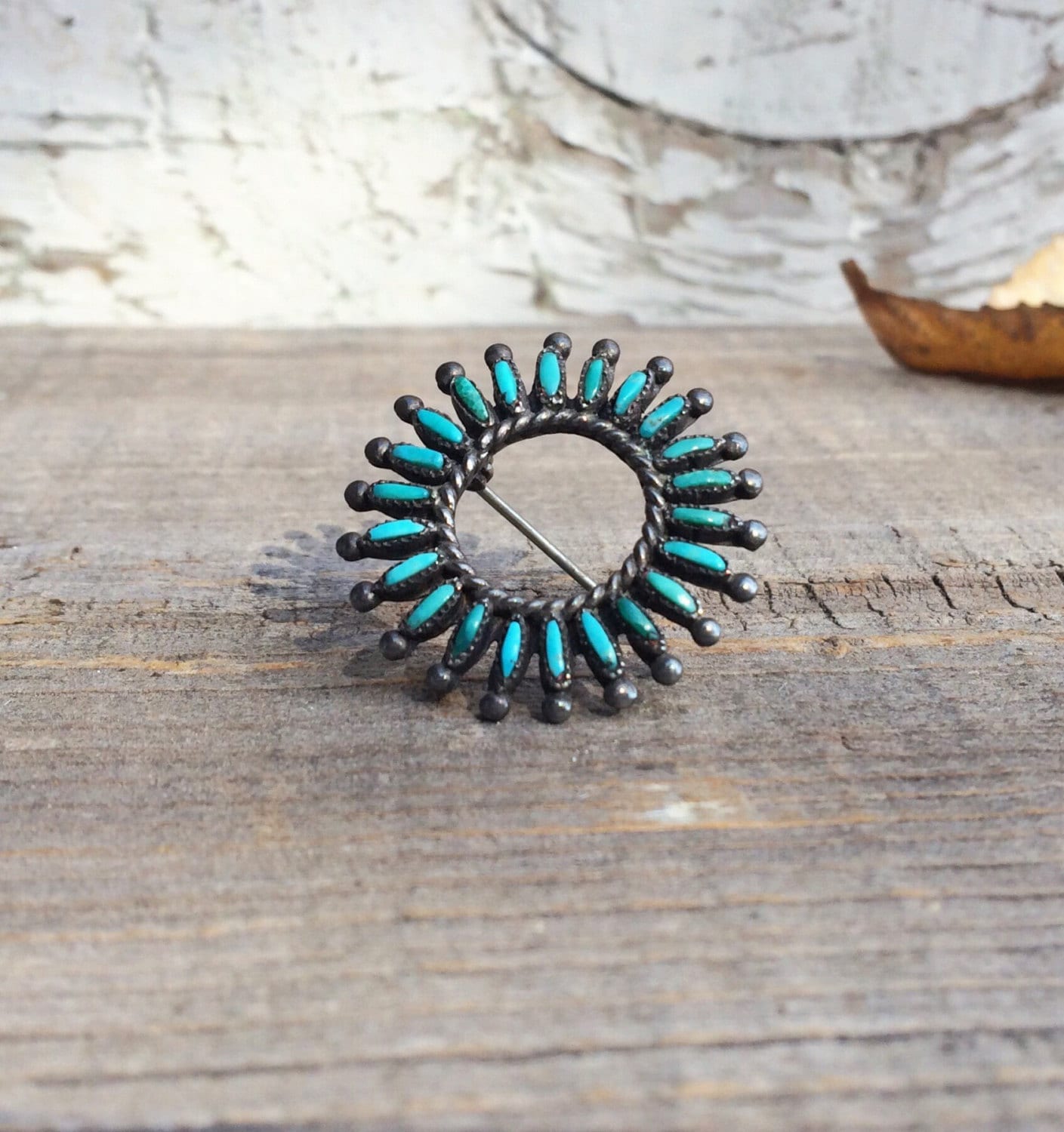 Vintage Zuni needlepoint circle brooch, silver turquoise pin, Native