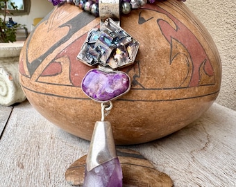 Sterling Silver Amethyst Bismuth Crystal Pendant 5.375" on Beaded Necklace Approx 16", 171g