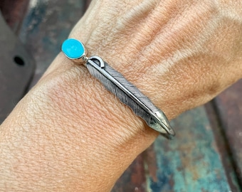 Vintage Thin Narrow Sterling Silver Blue Turquoise Feather Cuff Bracelet Unisex, Native American Indian Jewelry, Wedding Anniversary Gift