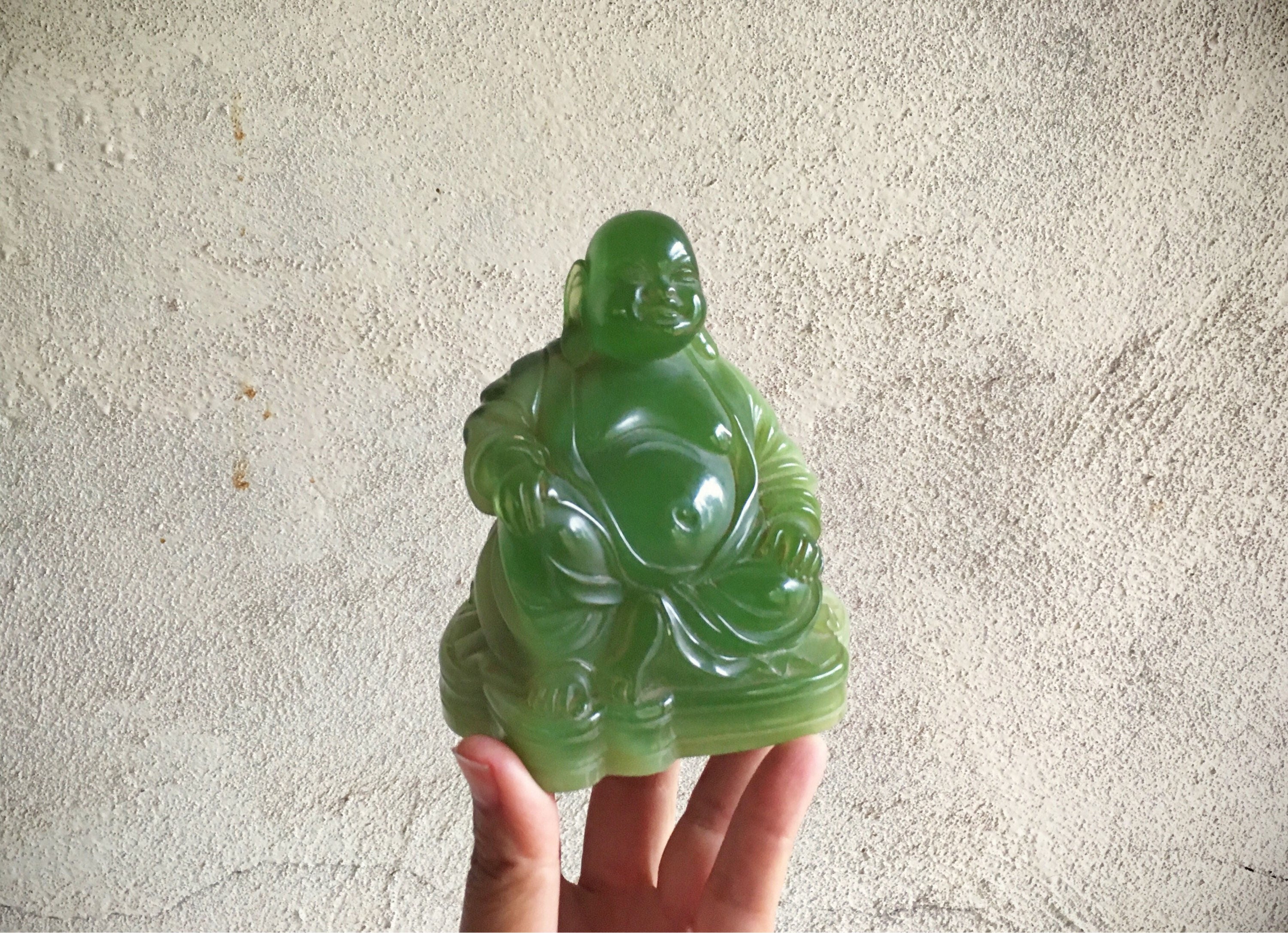 Vintage celluloid green Buddha figurine, faux jade Sitting Buddha