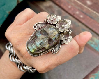 Carved Labradorite Skeleton Skull Ring in Silver Plated Bezel, Day of the Dead Jewelry