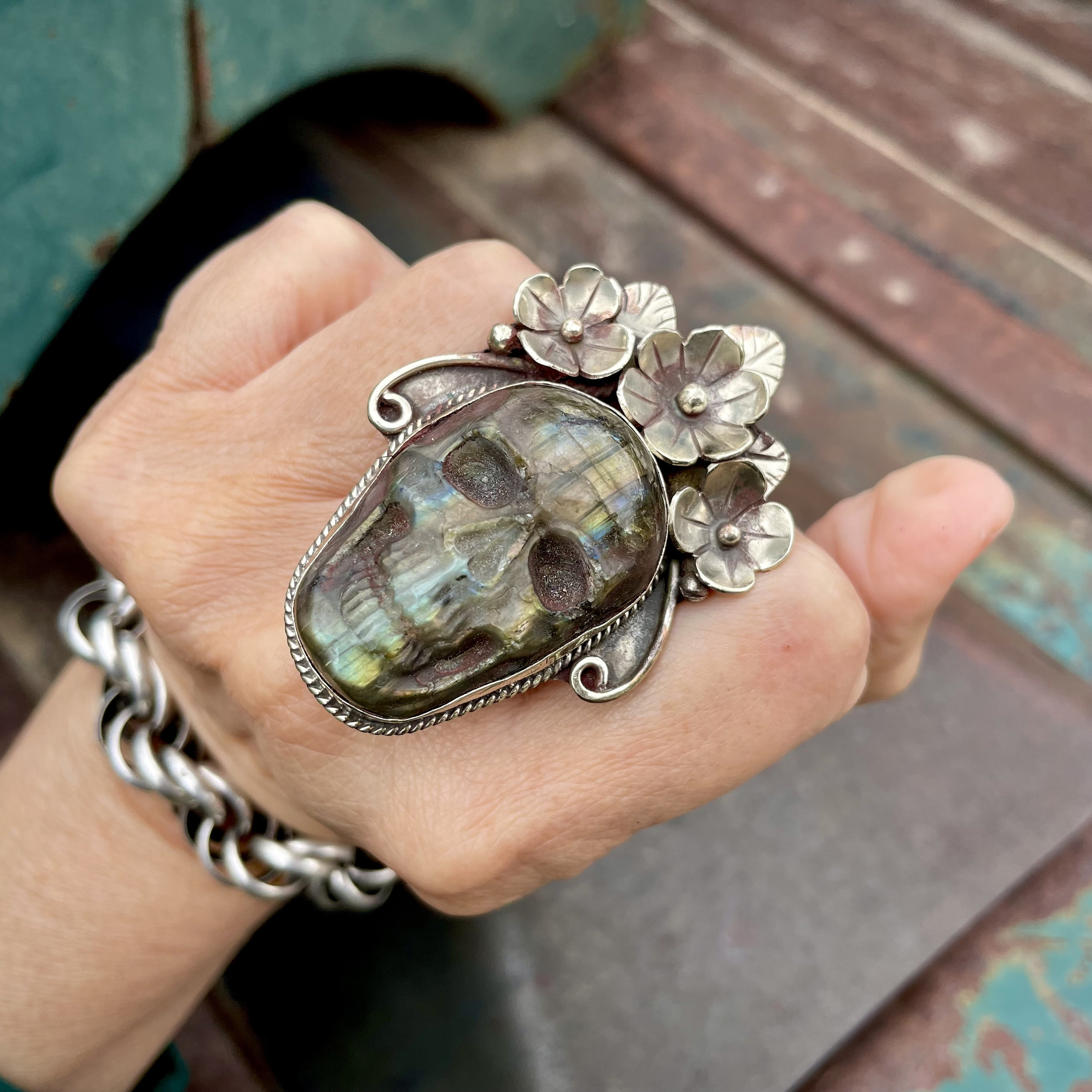 Carved Labradorite Skull Rings Carved Labradorite Skull Rings
