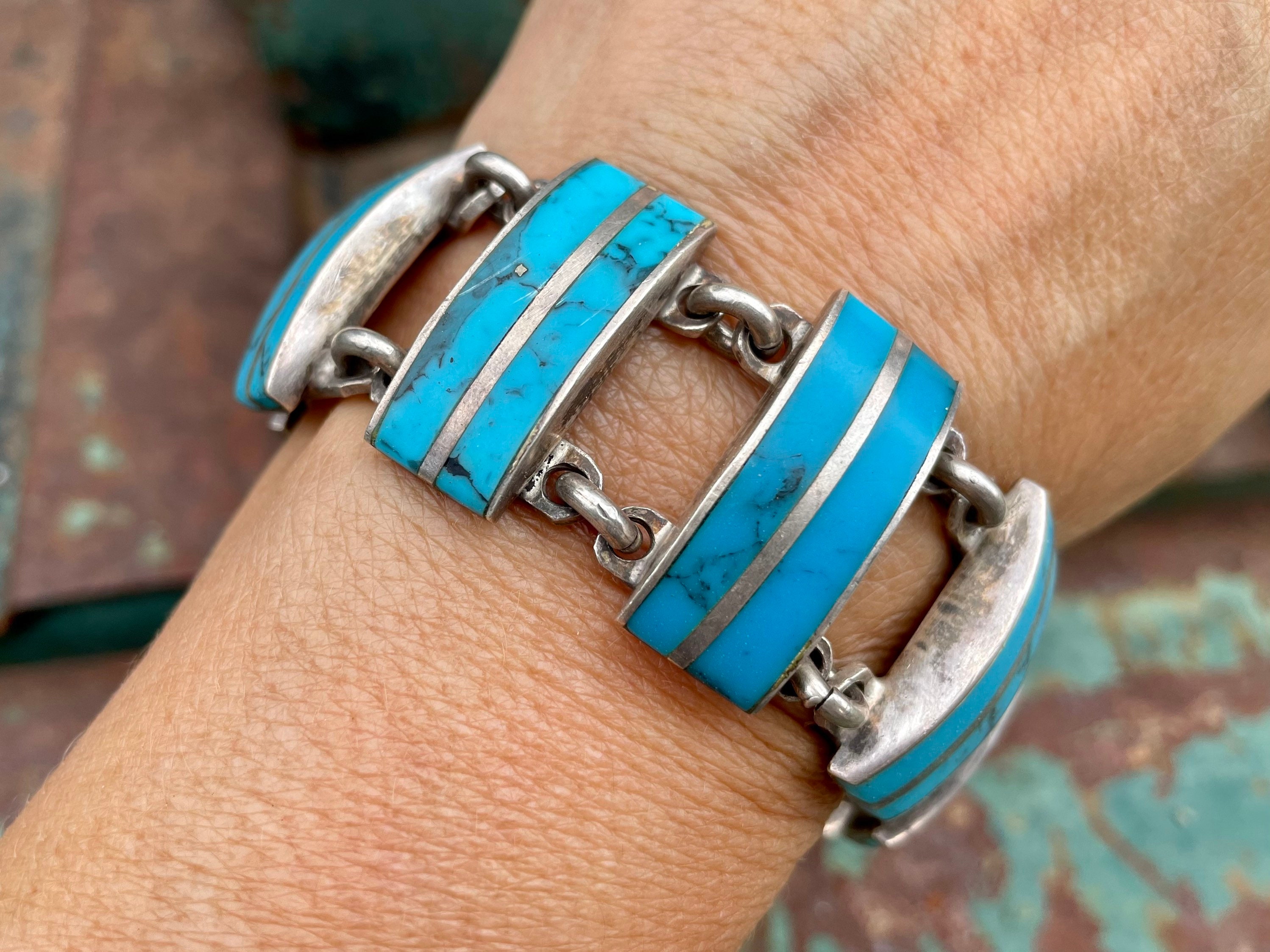 Heavy Sterling Silver and Turquoise Panel Link Bracelet from Taxco
