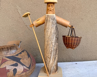 Taos Carver John Tollardo San Ysidro Carved Wood Bulto 14.5" Tall, Basket Added