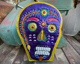 Vintage Mexican Tin Skeleton Skull Purple Calavera Candle Holder Rustic Southwestern Decor