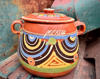 Old Mexico Decorative Pottery in Bean Pot Form, Rustic and Worn with Chips